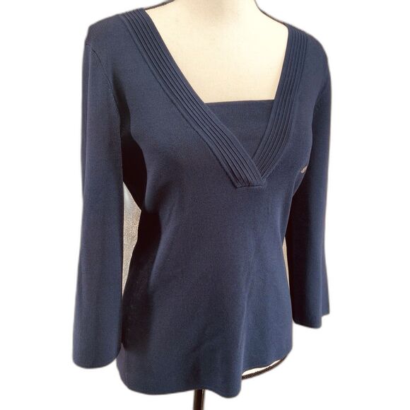 Geoffrey Beene Sport Women's Knit Sweater Top Size M Navy 3/4 Sleeve Stretch - Picture 1 of 9
